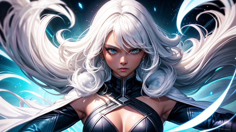 4k, a drawing of a woman with white hair and a cape, portrait of ororo munroe, x-men storm, storm!, how much, white fur and dark skin, how much the cat woman, art of the silver fox, her hair is white, hair curly white, Rossdraws 2. 5, Rossdraws | afrofuturism, Rossdraws 1. 0