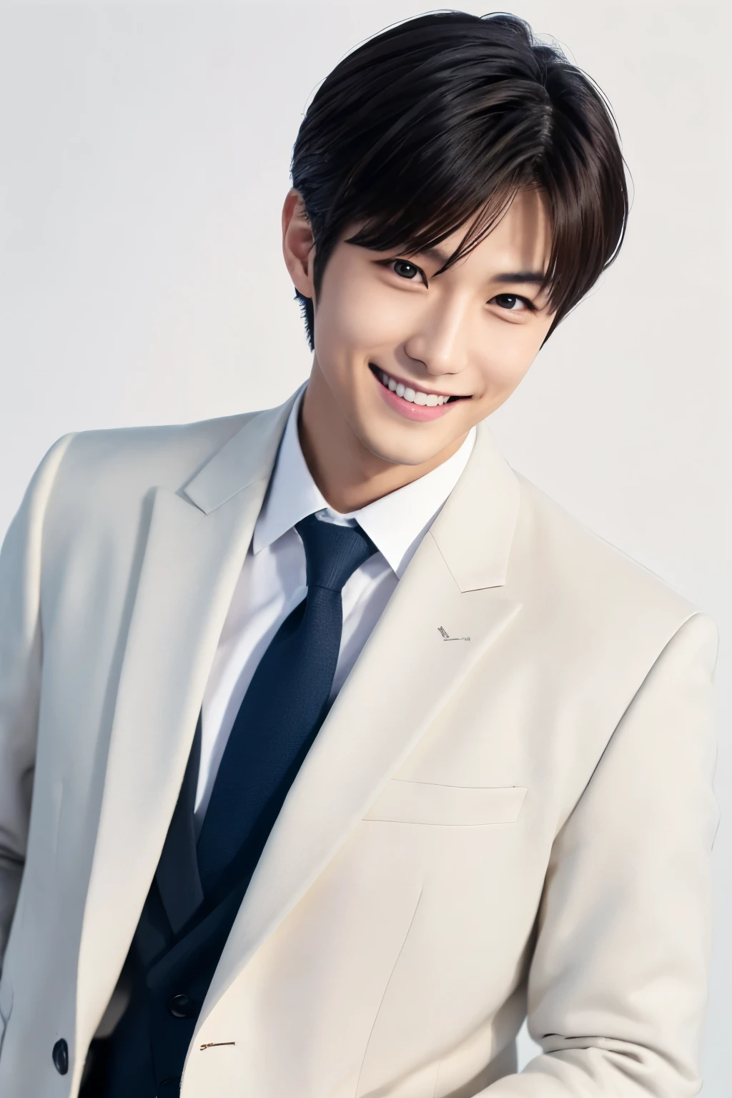 highest quality, 8k, Ultra-high resolution, Handsome Japanese male idols, Age 25, Jacket, No tie, 35mm lens, debt/1, (White Background: 1.3), Lounge, debtrontal debtace, He's smiling, Are standing, Freshly Shaved, slender debtace, cool debtace,