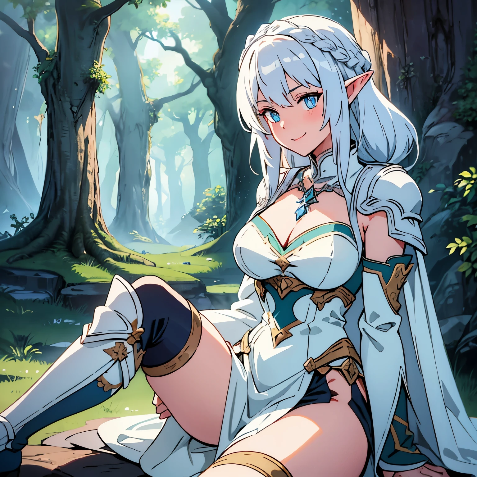 woods, Nature, Beautiful nature, medieval city background, smile, Smiling, solo, 1girl, soft smile, slender figure, slim, skinny, short height, Sexy, Beautiful composition, the trees, beatiful face, handsome body (Body Full 1.1.), Beautiful figure, in full height (Body Full 1.1.), closed mouth, Digital Art, sexypose, beautiful breasts, Medium-sized breasts, High Elf Knight(Body Full 1.1) elf, (Dark Blue eyes:1.5), white hair, long hair, braid on hair, silver hair, Knight, Beautiful figure, beautiful breasts, (Fullness of the body.1,1) silver hair, Hair between the eyes, hairlong, long hair, straight hair, pointed ears, long ears, side locks, bangs, Asymmetrical Clothing, cloak, elf, (Masterpiece:1.2), Best Quality, High Resolution, Unity 8k Wallpaper, (illustration:0.8), (beautiful detail eyes:1.6), extremely detailed face, perfect lighting, extremely detailed CGI, (perfect arms, perfect anatomy), epic composition, sundress, white dress, flowers in hands, hair braid on head, braid, tress, tress on head, golden spear sheathed on her back diagonally, looking at viewer, cleavage, necklace, sitting, legs spread
