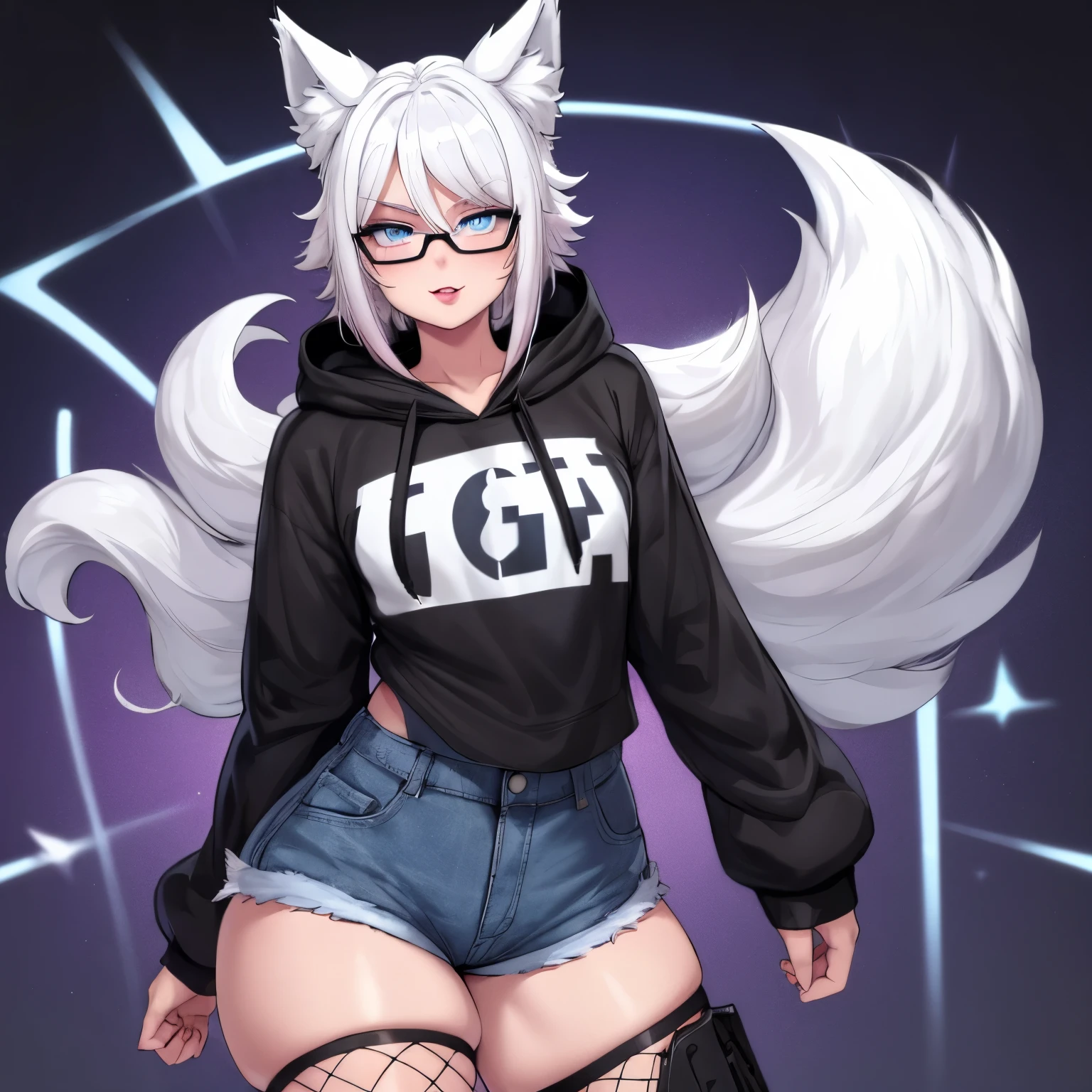 Single boy, Anime boy, Short, Long white hair, wolf ears, has wolf tail, blue eyes, wearing short denim shorts, thigh high fishnets, black combat boots, oversized cropped hoodie, flat chest, super flat chest, solo boy, only one boy ((FLAT CHEST)) solo, alone, (SOLO)(ALONE) thicc thighs, wide hips, blue eyes, perfect eyes, perfect face, wearing pink lip gloss, happy, curvy, sparkly blue eyes, wearing large round glasses, dancing,