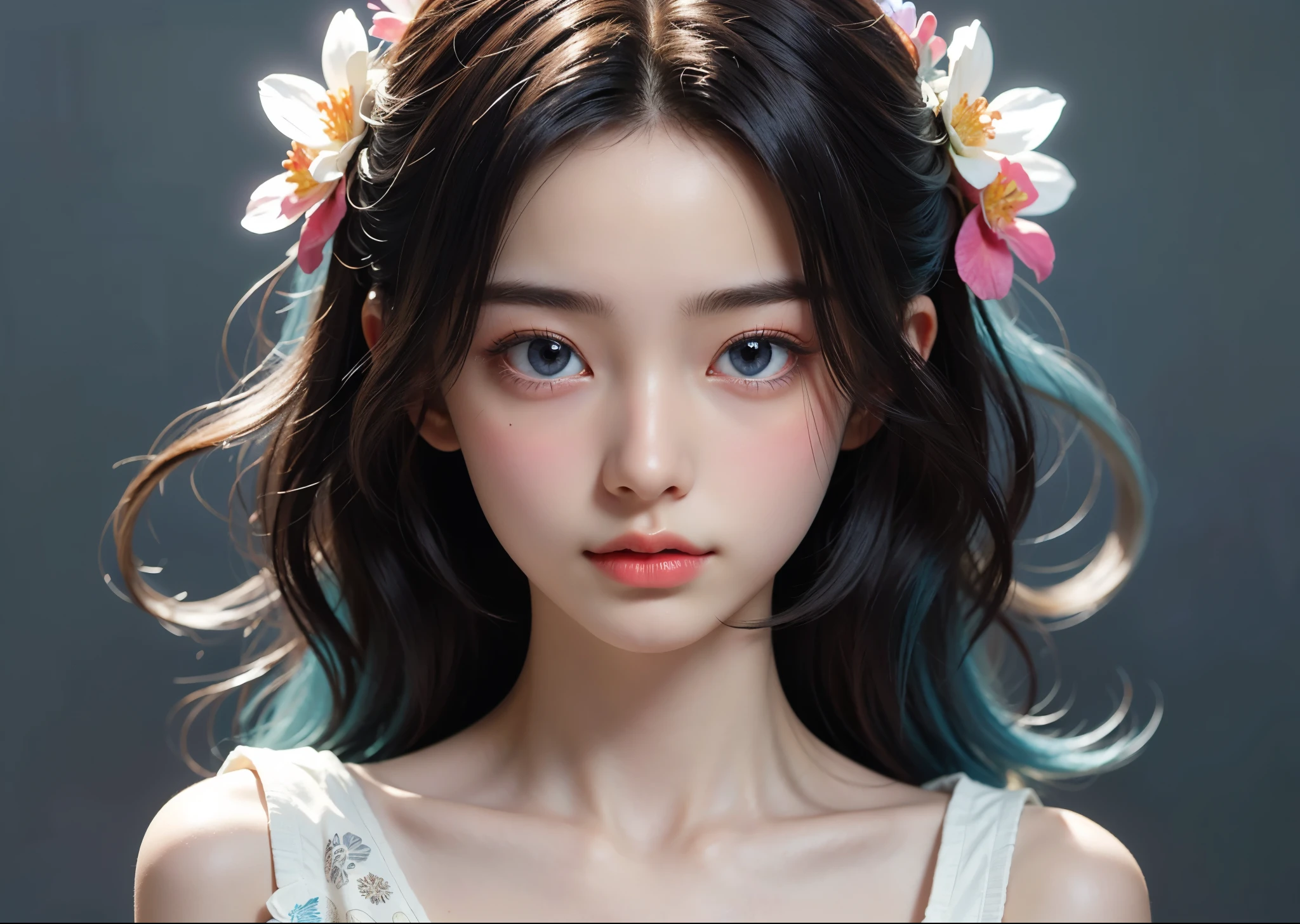 Psychedelic Flower World、Casual clothing、1 cute girl、Big eyes、Small breasts、Smooth Skin、Light eye makeup、Shiny, Ultra-realisticな顔、Light blue hair、Colorful gel background、Fractal Background、Perfect lighting、Sharp focus、High resolution、High resolution、High color reproducibility、High resolution、Ultra-realistic、Photorealistic