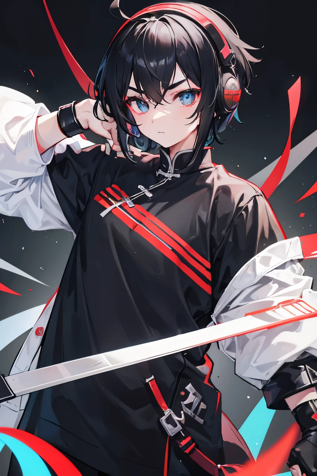 male, teenager, thick eyebrows, black haired, small face, black oversized clothing, chinese, happy, wearing gaming headset, big eyes, black iris pupil, short hair