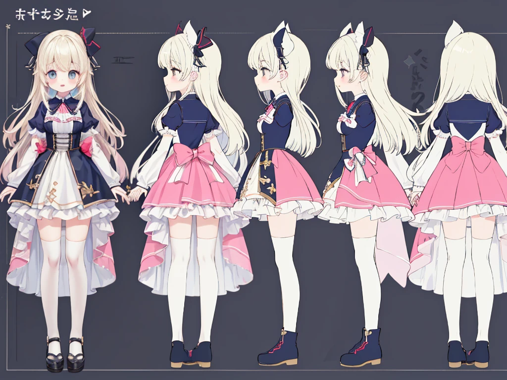 Character Sheet,Character Reference Sheet, 1 girl, Character design sheet, ((View from the front, Side view)) Symmetrical elements in clothing, CLO-like clothing simulation detection, Great designer, Whole Body Ezbian,8k resolution, Ultra-high quality output,Dreamy、Soft、Yellow Hair、Pink clothes、ta Fashion、Knee-length skirt、Frills、Cute hair accessorieedicine剤師、medicine、
