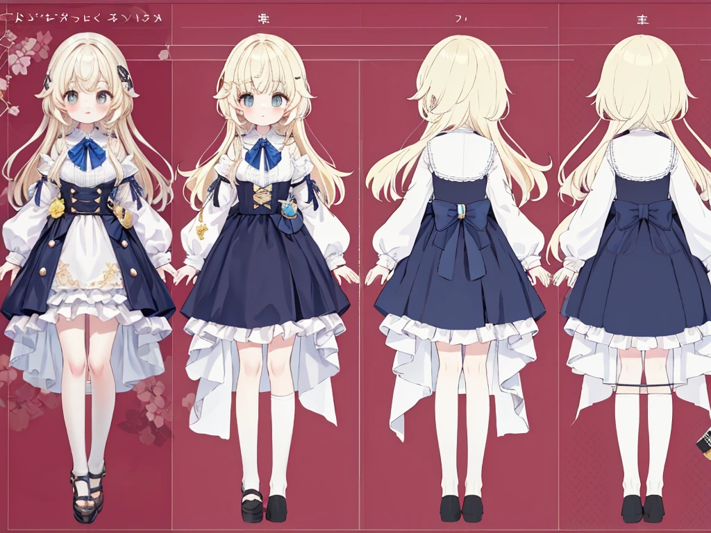 Character Sheet,Character Reference Sheet, 1 girl, Character design sheet, ((View from the front, Side view)) Symmetrical elements in clothing, CLO-like clothing simulation detection, Great designer, Whole Body Ezbian,8k resolution, Ultra-high quality output,Dreamy、Soft、Yellow Hair、Pink clothes、ta Fashion、Knee-length skirt、Frills、Cute hair accessorieedicine剤師、medicine、