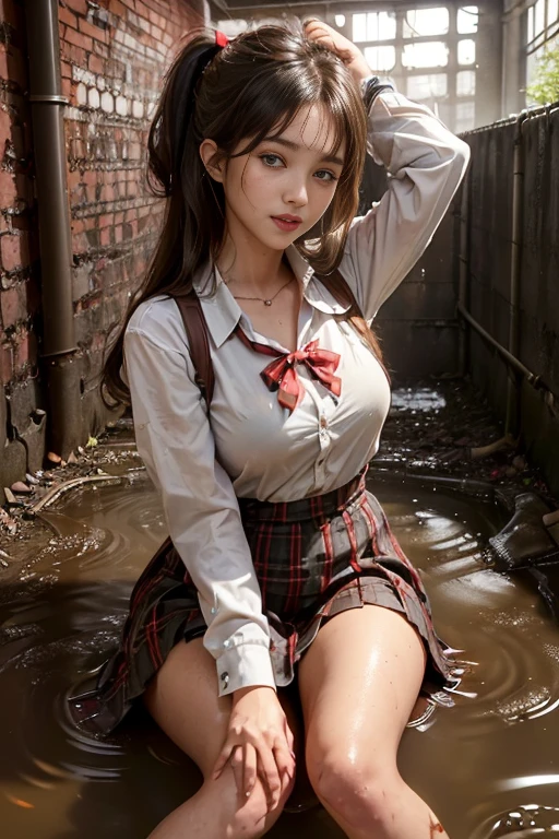 (masterpiece, best quality:1.2), , looking at viewer , school girl wet white clothes, soaked, dripping wet, wet hair, wet skin, translucent, glistening with oil, fully clothed, wet muddy field, dripping with mud, muddy arms, muddy hair, lying in mud, submerged, covered all over, muddy face , skirt dark red , plaid skirt , pleated skirt , Tight shirt , white Shirt , school girl , red knot , red bow , school , skirt is adjacent to the chest , big breasts , big tits , zombie , rain , rotungwoka person