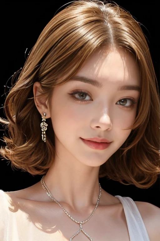 highest quality, Very detailed, masterpiece, 1 person,woman,(((完璧なwomanの体))),Very beautiful face, Very beautiful body,Gentle expression, Very beautiful eyes,(Perfect Makeup:1.1),Fashion Model,,Short Bob,Curly Hair,Shaggy Hair,Candy-colored hair:1.3, Very thin body,Smart Abs, Chiffon blouse,A kind smile,Upper body portrait,(White background), (Shiny skin),(Earrings),