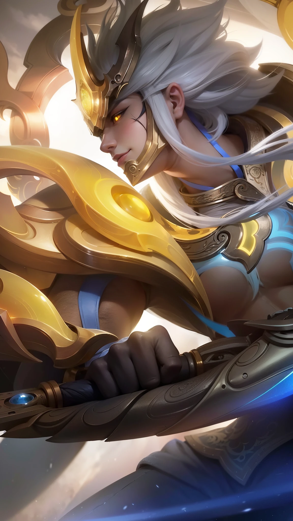 a close up of a person holding a sword in a sky, heise jinyao, splash art, inspired by Huang Shen, ashe, by Yang J, ig model | artgerm, artgerm detailed, sun wukong, mobile legends, extremely detailed artgerm, official splash art, sylas, ne zha from smite, wukong, light yellow eyes, glare.