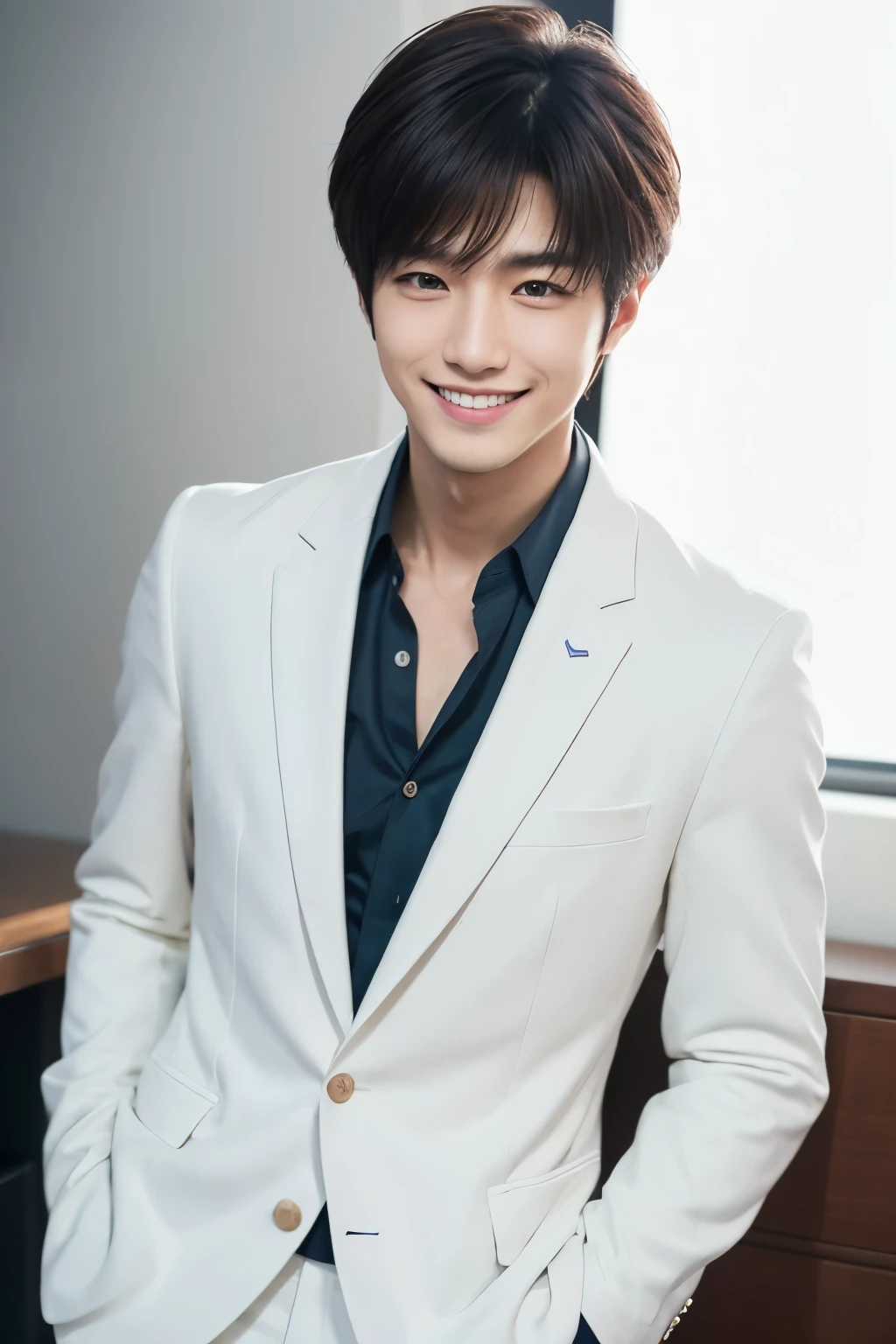 highest quality, 8k, Ultra-high resolution, Handsome Japanese male idols, Age 25, Jacket, No tie, 35mm lens, debt/1, (White Background: 1.3), Lounge, debtrontal debtace, He's smiling, Are standing, Freshly Shaved, slender debtace, cool debtace,