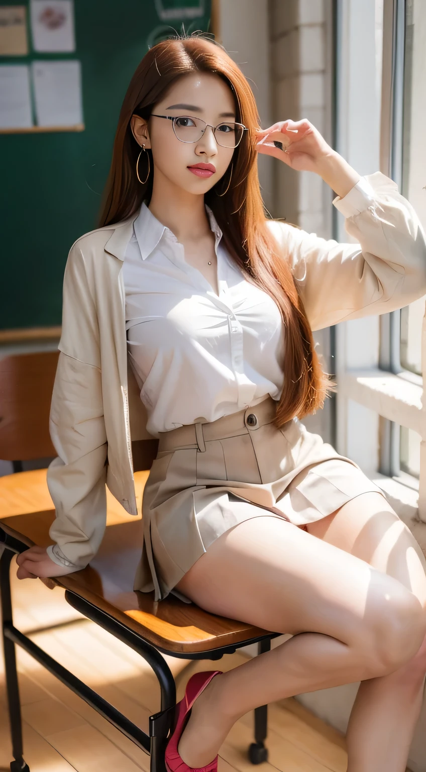 A realistic real-life selfie of a girl, age 12, light skin tone, eyeglasses, large earrings, female , open shirt, pleated skirt, high heels, midday sun, hyperrealistic, model body, no breasts, long hair, Straight hair, red hair tips, long legs, 8k, 超High resolution, best quality, classroom, school, RAW portrait, cherry blossom, ambient lighting, detailed shadows, camera focus on thighs, sexy pose, Sitting on the school chair, a large amount of cloudy liquid oozes from the genitals, many people in the background