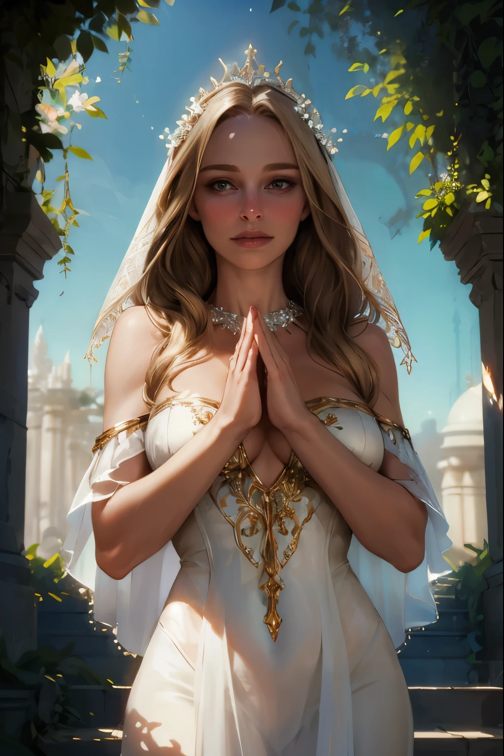 NSFW fantasy, Holy Virgin, Goddess, day, gardens, girl, sweet face, with long pale blonde hair, hands folded in a prayer gesture, in a light open white dress with diamonds on the fabric, open shoulders, expressive breasts, gorgeous, face looks like Natalie Portman, HD