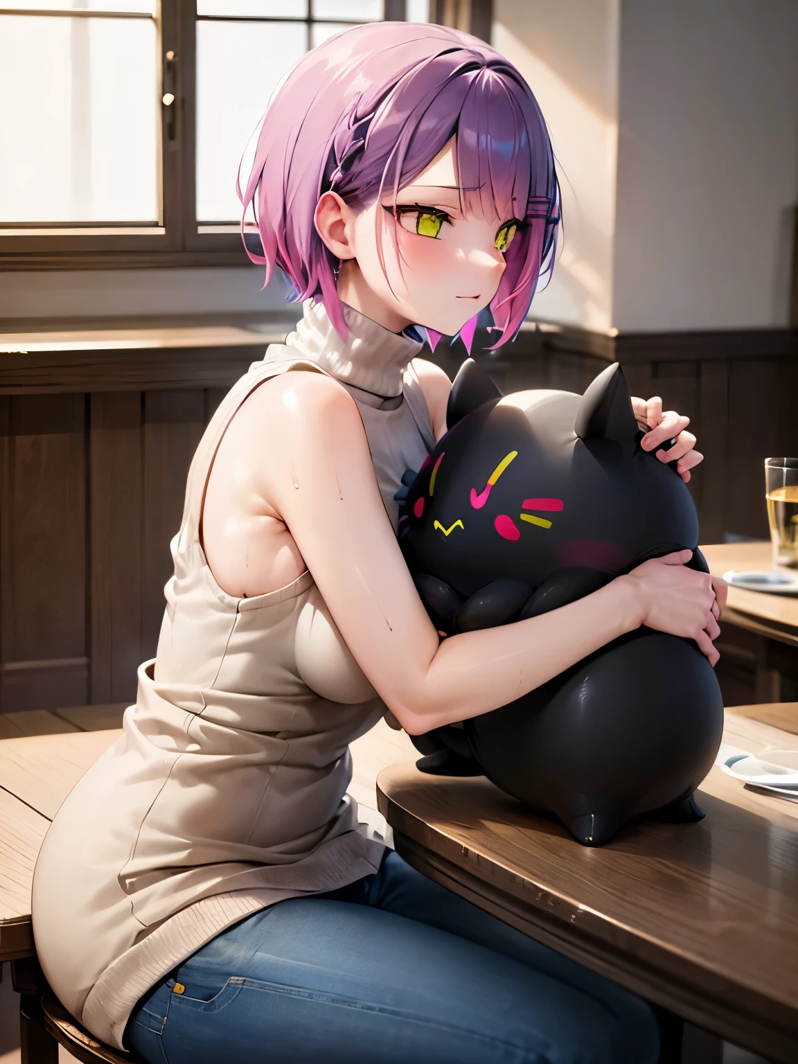 NSFW,Hololive,Towa Tokoyami,Short Hair,Married Woman,Turtleneck sweater,Sleeveless,jeans,(Perfect hands),(Perfect Anatomy),(masterpiece),(highest quality),Home,dining,table,One flashy guy,(Cheating:1.5,Hug