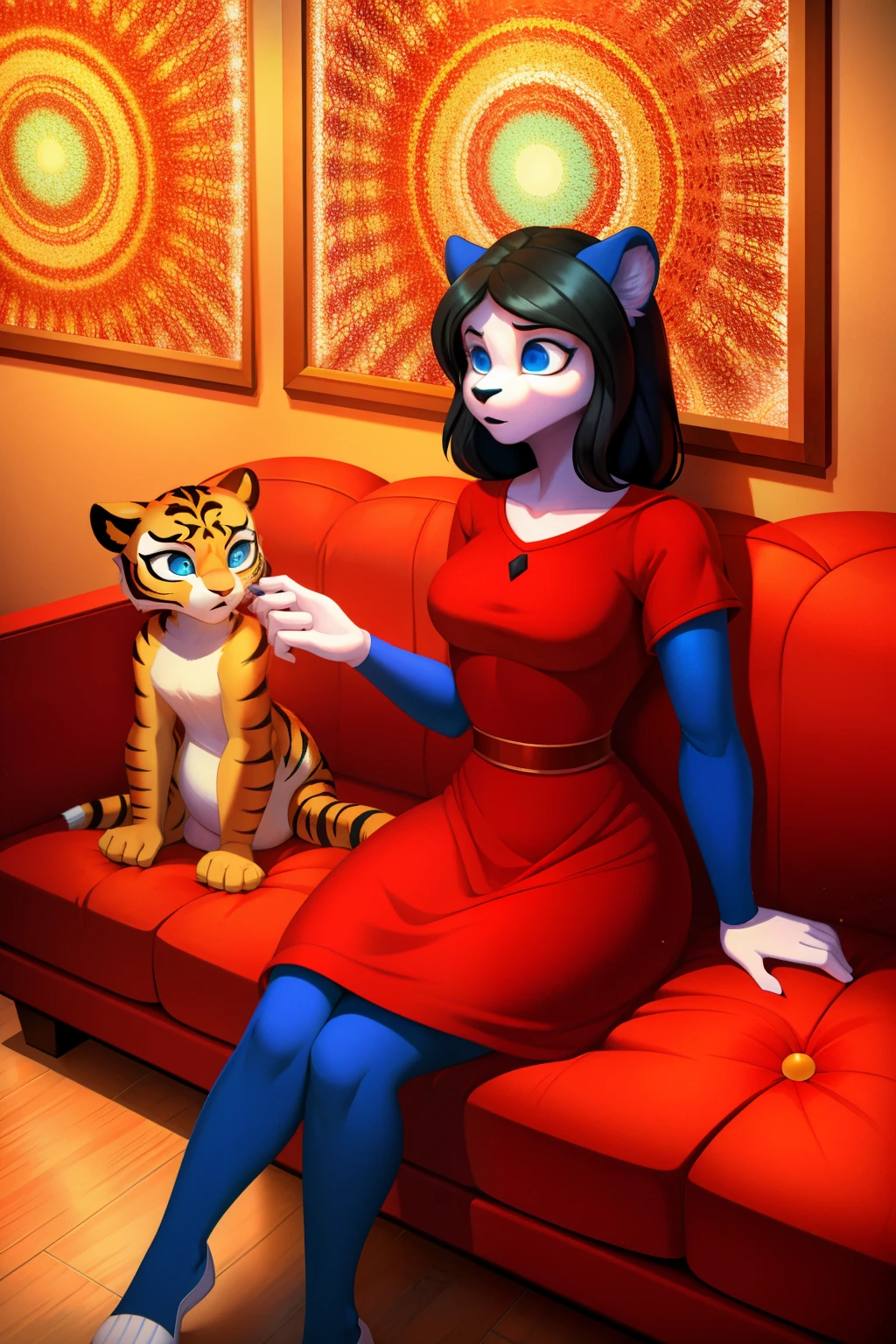 1 girl, hypnotized housewife, tigress anthro, black hair, blue eyes, empty eyes, red dress, sitting on couch, at home, mind-controlled, hypnotized, dazed, 3D Disney style