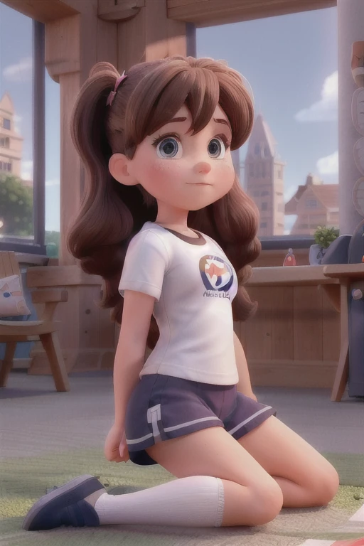 absurdres,hires,ultra detailed, a girl reddish-brown twintails, wearing a gym uniform(white shirt, navy blue bottom), wrist band, socks, sitting on turf, sunshine, summer,