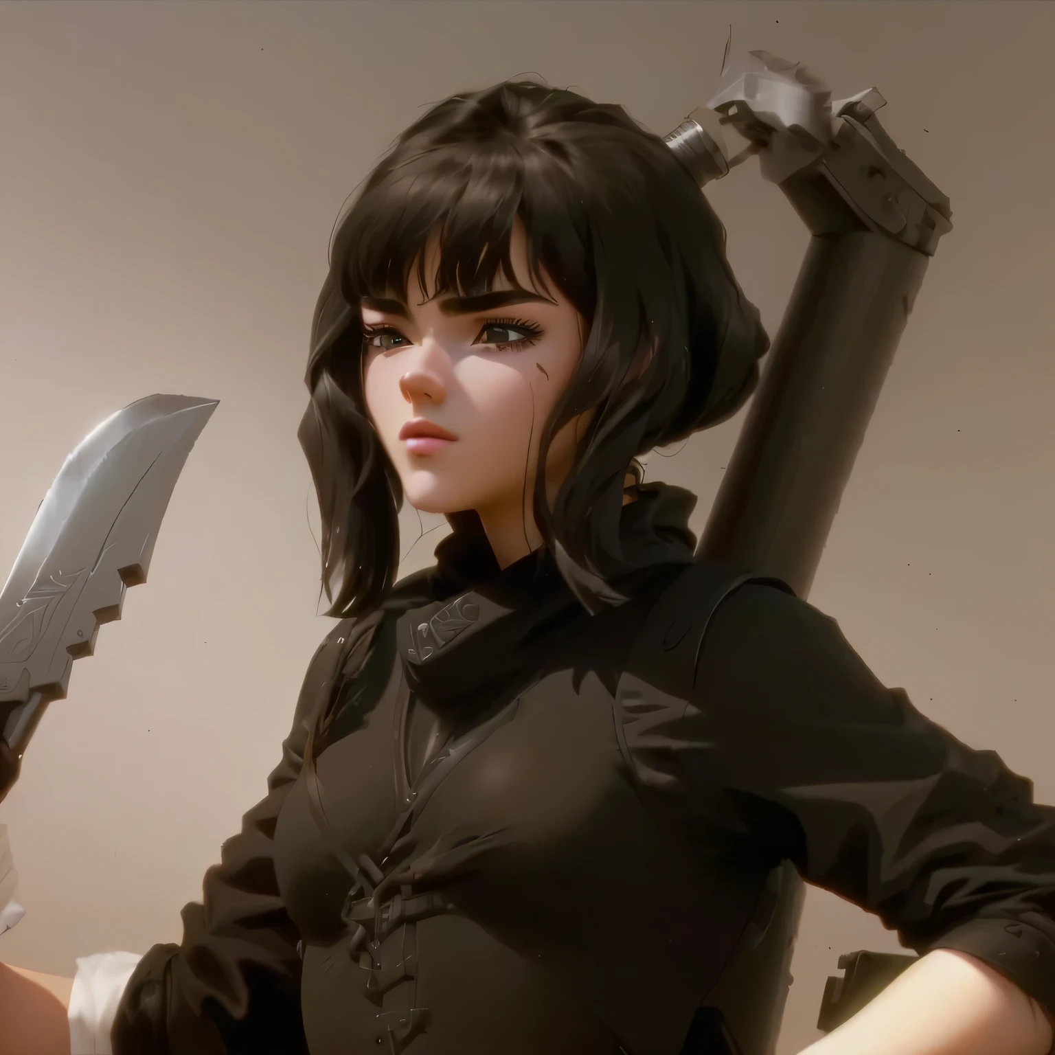 there is a cartoon image of a girl, holding a knife., , character art close up, Airbrush rendering,  character close up, rendered art, heavy shading