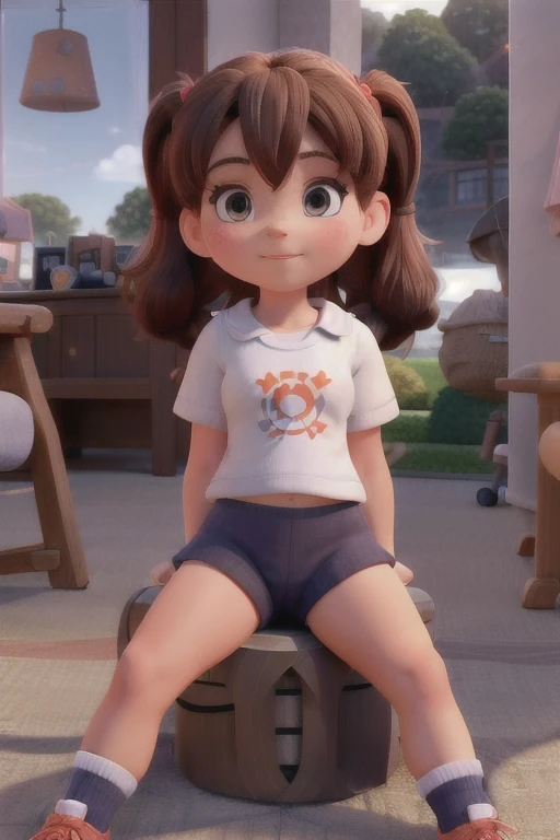 absurdres,hires,ultra detailed, a girl reddish-brown twintails, wearing a gym uniform(white shirt, navy blue bottom), wrist band, socks, sitting on turf, sunshine, summer,