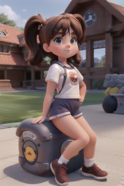 absurdres,hires,ultra detailed, a girl reddish-brown twintails, wearing a gym uniform(white shirt, navy blue bottom), wrist band, socks, sitting on turf, sunshine, summer,