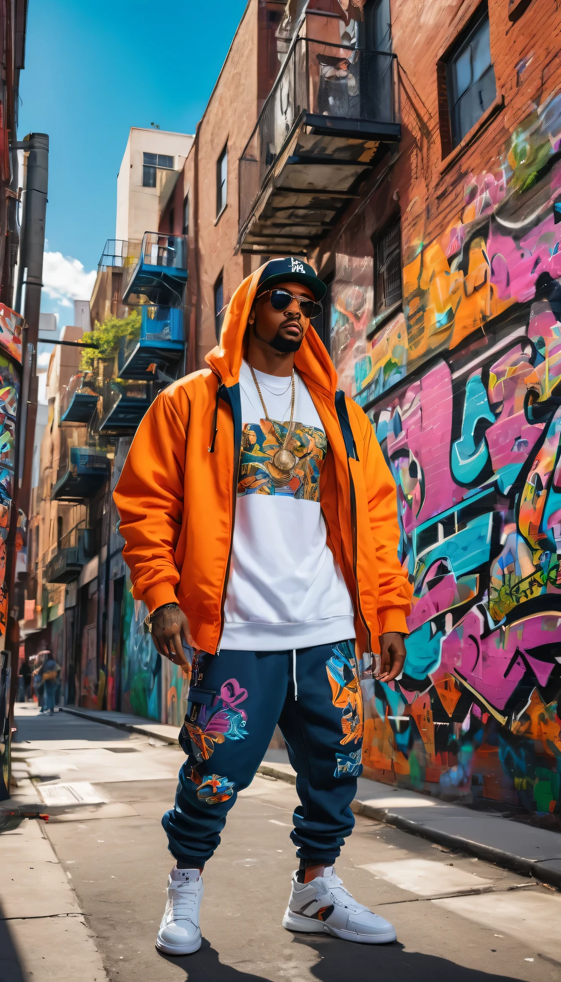a tight focus on someone in hip-hop garb that pulls out to reve,hip-hop artist, vibrant street art mural, energetic atmosphere, expressive graffiti, bold colors, dynamic poses, urban fashion, intricate details, lively street scene, urban culture, rhythmic music, stylish graffiti, artistic backdrop, urban vibe, larger-than-life artwork, gritty textures, vibrant cityscape, vibrant hip-hop style, bustling street, high-quality resolution, masterful strokes, compelling composition, high contrast, dynamic lighting, eye-catching visuals, authentic street style, powerful visual impact, raw energy, captivating storytelling, unapologetic attitude, larger-than-life characters, larger-than-life gestures, immersive setting, impressive artistic skill, confident demeanor, contagious energy, authentic hip-hop culture, dynamic movement, graffiti-inspired fashion.

Image Quality: (best quality, 4k, 8k, highres, masterpiece:1.2), ultra-detailed, (realistic, photorealistic, photo-realistic:1.37)
Art style: street art, graffiti, urban, hip-hop culture, urban fashion, vibrant, energetic,
Color tone: bold colors, vibrant hues, High contrast lighting: dynamic lighting, lively atmosphere, streetlamp glow