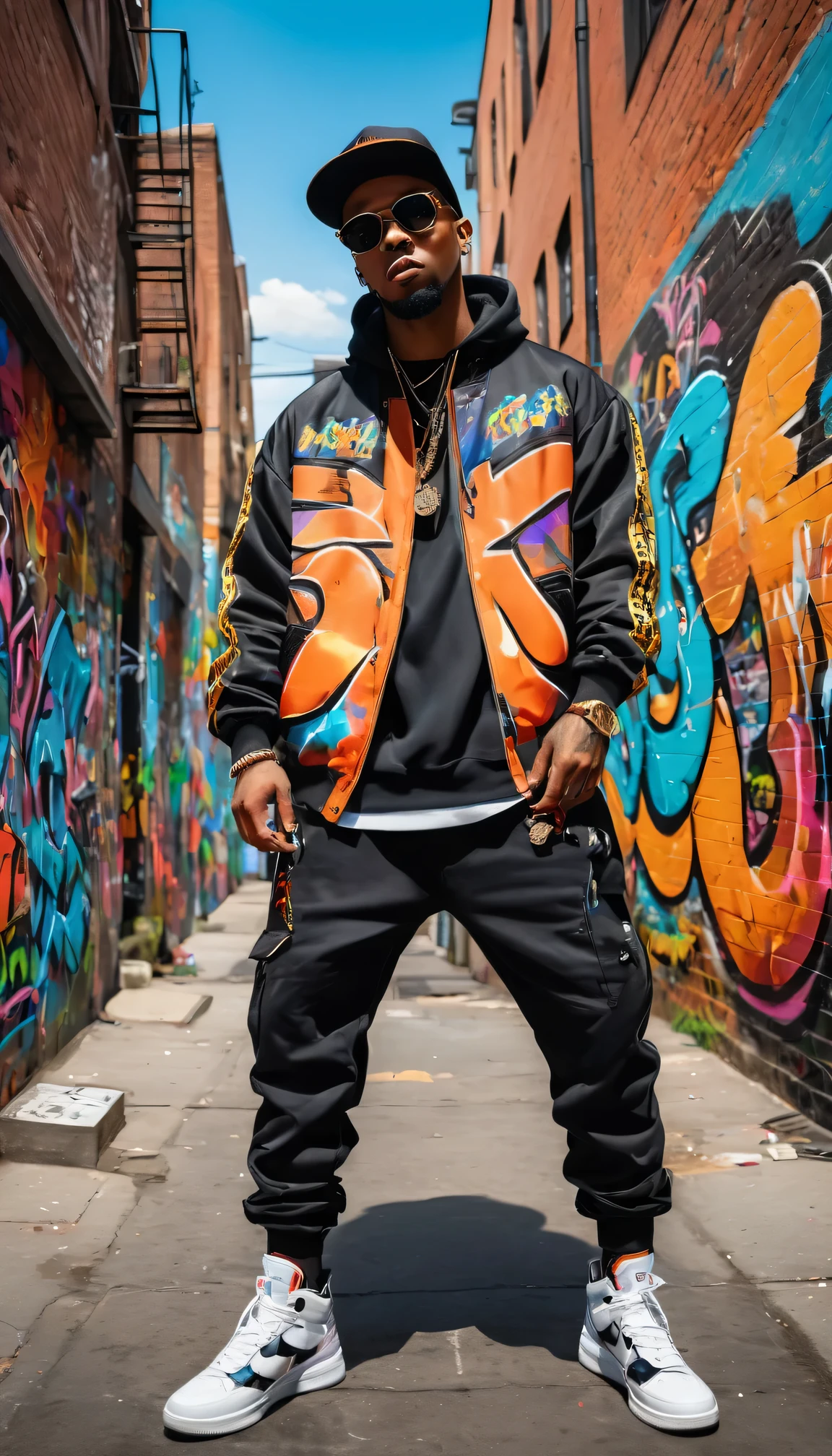 a tight focus on someone in hip-hop garb that pulls out to reve,hip-hop artist, vibrant street art mural, energetic atmosphere, expressive graffiti, bold colors, dynamic poses, urban fashion, intricate details, lively street scene, urban culture, rhythmic music, stylish graffiti, artistic backdrop, urban vibe, larger-than-life artwork, gritty textures, vibrant cityscape, vibrant hip-hop style, bustling street, high-quality resolution, masterful strokes, compelling composition, high contrast, dynamic lighting, eye-catching visuals, authentic street style, powerful visual impact, raw energy, captivating storytelling, unapologetic attitude, larger-than-life characters, larger-than-life gestures, immersive setting, impressive artistic skill, confident demeanor, contagious energy, authentic hip-hop culture, dynamic movement, graffiti-inspired fashion.

Image Quality: (best quality, 4k, 8k, highres, masterpiece:1.2), ultra-detailed, (realistic, photorealistic, photo-realistic:1.37)
Art style: street art, graffiti, urban, hip-hop culture, urban fashion, vibrant, energetic,
Color tone: bold colors, vibrant hues, High contrast lighting: dynamic lighting, lively atmosphere, streetlamp glow