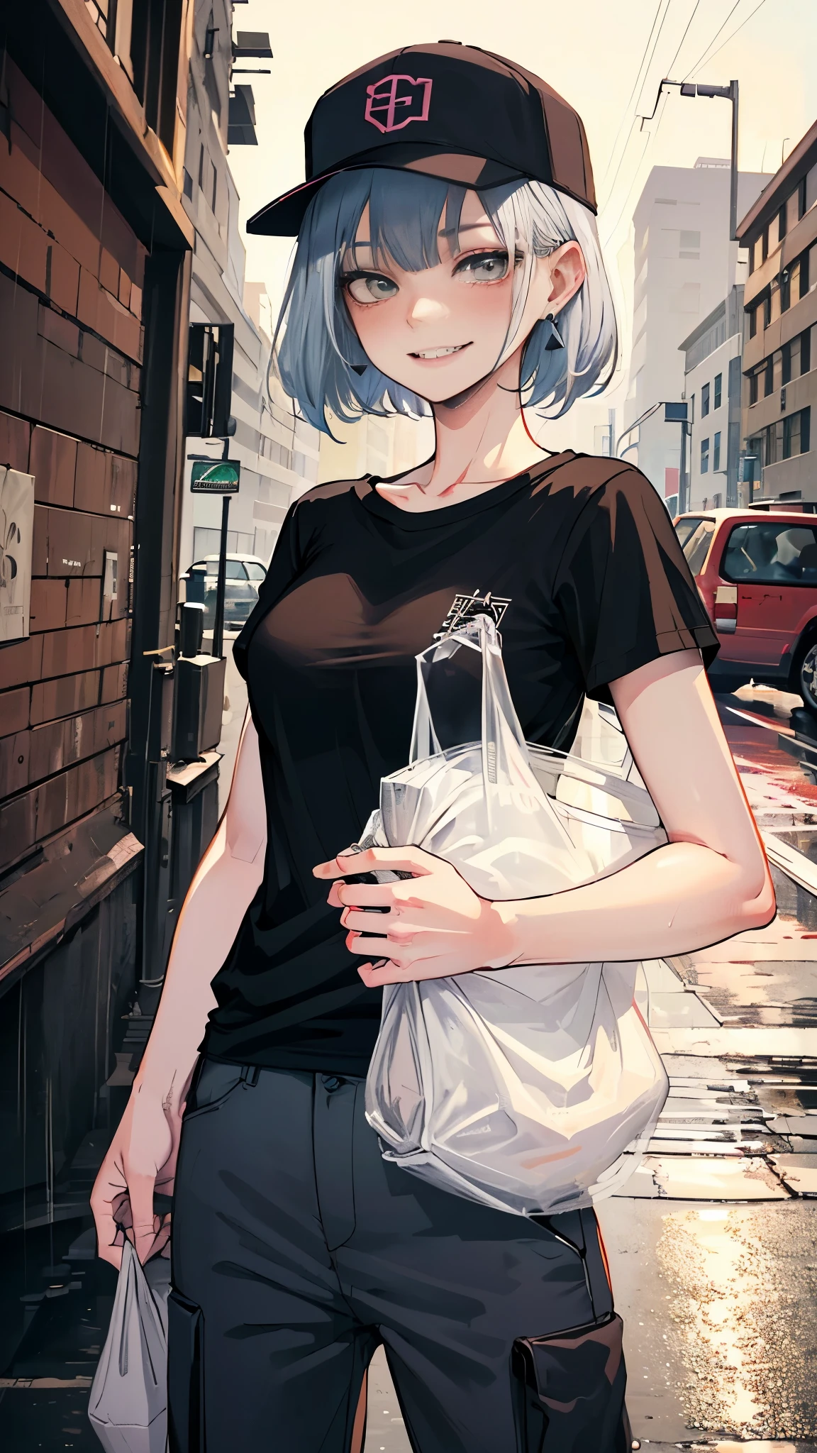 super resolution,
(realistic:1.3),
(1 slim girl), stylish girl, fashion,
young face, blush, (evil smile),
(slim) thigh,
baseball cap, earrings,
(black t-shirt), (baggy cargo pants),
gravure,
Rainy streets