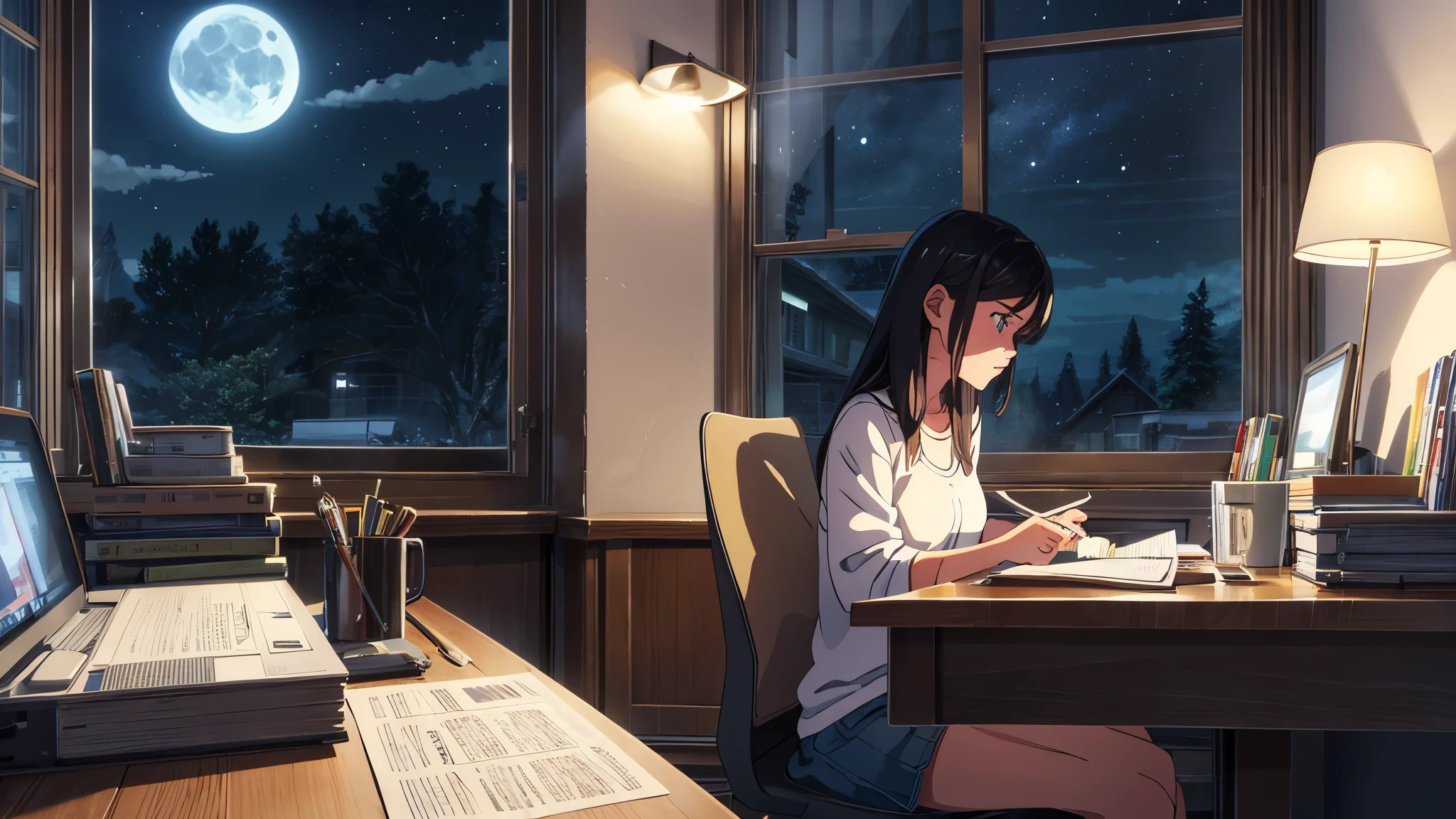 make a lofi girl studying in a room with a relaxing atmosphere concentrating on the book, the night with the windows open showing the moon with the very starry sky, mostrando algumas arvores na rua