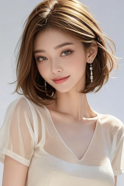 highest quality, Very detailed, masterpiece, 1 person,woman,(((完璧なwomanの体))),Very beautiful face, Very beautiful body,Gentle expression, Very beautiful eyes,(Perfect Makeup:1.1),Fashion Model,,Short Bob,Curly Hair,Shaggy Hair,Candy-colored hair:1.3, Very thin body,Smart Abs, Chiffon blouse,A kind smile,Upper body portrait,(White background), (Shiny skin),(Earrings),