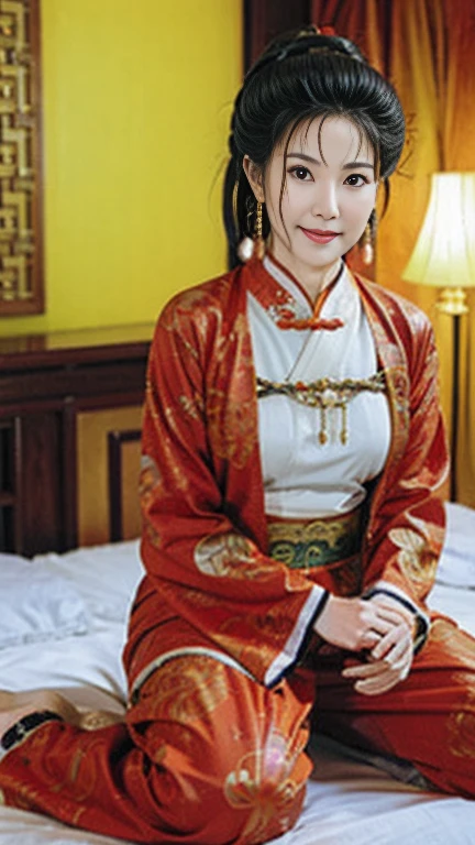 (best quality), (very aesthetic), (ultra-detailed), (best illustration),NSFW,a mature female,Perfect Face,Suikoden,Mrs. Lin,(full_body),big breast,red cheek,Sweating,skinny, chinese traditional clothes,chinese traditional style bed,