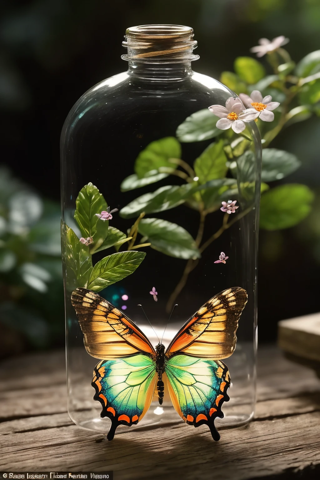Imagine a delicately intricate scene showcasing a butterfly with iridescent multi-colored wings, spread wide and radiantly open, gracefully suspended inside a translucent glass bottle. The butterfly's body is nearly transparent, revealing the enchanting biome surrounding it in part. This captivating bottle houses a miniature floral and pastoral biome, replete with minuscule blossoms and verdant foliage that flawlessly mimic a quaint rural environment. The tableau takes place in a bioluminescent glade, illuminated by a gentle, ethereal light that deftly illuminates the butterfly and its glass-enclosed haven