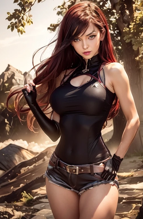 high quality fingers, normal hands, detailed fingers, masterpiece, (realistic, photo-realistic: 1.37), (22 year old female), Katarina from League of Legends, big chest, short stature, dark red hair, blue eyes, beautiful face, perfect lighting, beautiful detailed eyes, looking at the viewer, incredibly beautiful woman, detailed hairstyle, detailed background, shorts, detailed fantasy background, (sweat: 1)