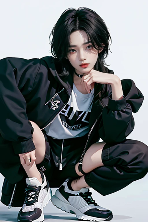 a masterpiece,Bestquality,offical art,8kwallpaper,Extremely Detailed,Illustration,1girl, Trendy outfits,watch, black sneaker shoes,white background, squat down,Hands droop naturally, black hooded jacket, black hair, wolf cut, long hair