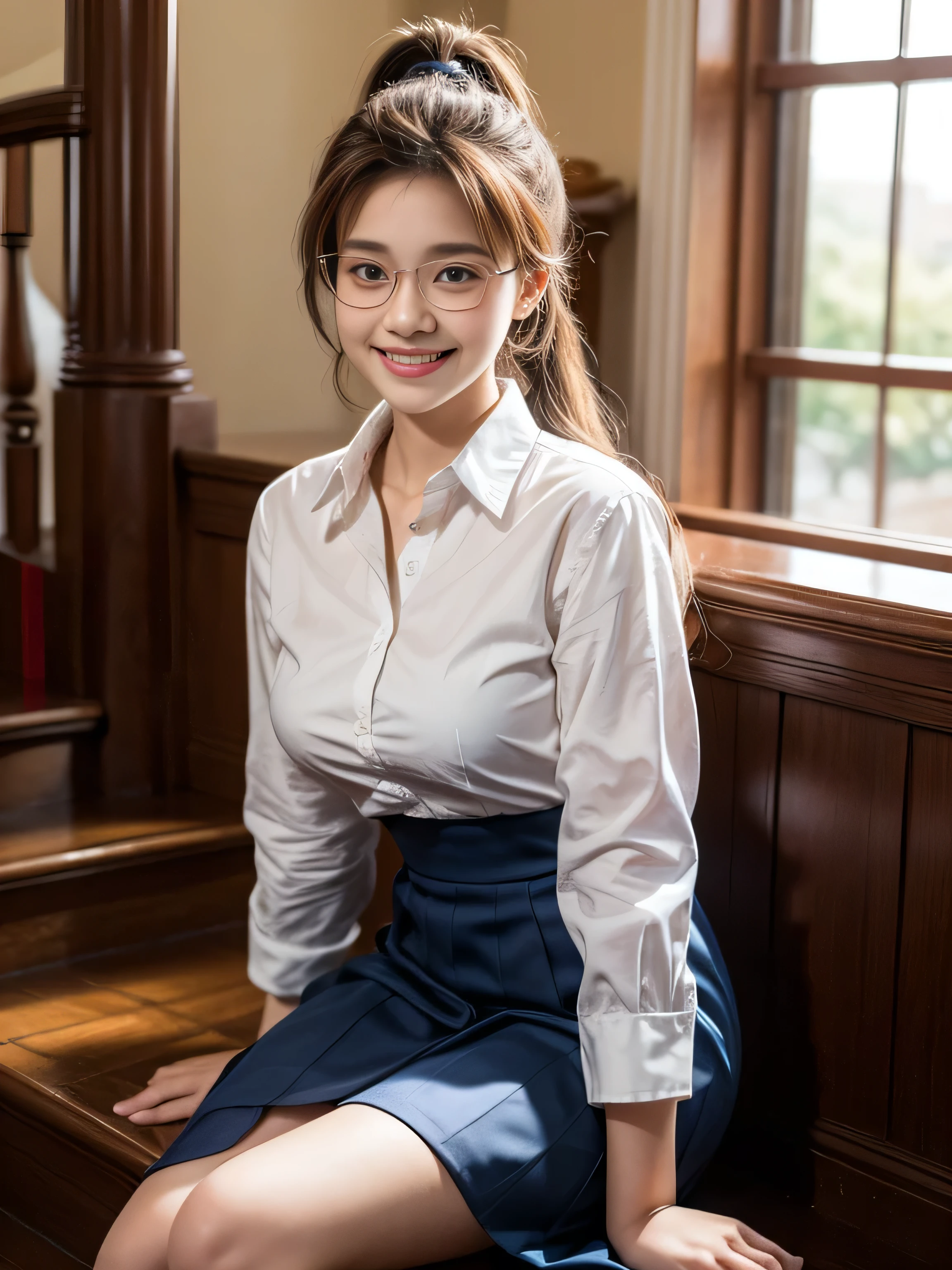 16 years old child, ponytail, rimless eyewear, wearing Thailand high school uniform, white shirt and dark blue dress, big round breast, (light smile:1.2), (photorealistic:1.2), (ultra realistic:1.3), (very detailed:1.1), ((masterpiece)), depth of field, first person view, sitting at school staircase.