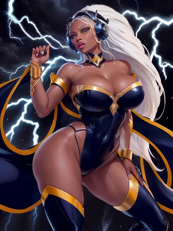 4k, a drawing of a woman in a black and yellow outfit, storm!, x-men storm, goddess of lightning, storm egyptian god, splashes of lightning behind her, portrait of ororo munroe, the princess of power, storm, storm arriving, stylized storm, queen of ice and storm, she is attracting lightning, powerful pose, storm outside, wonderful expression