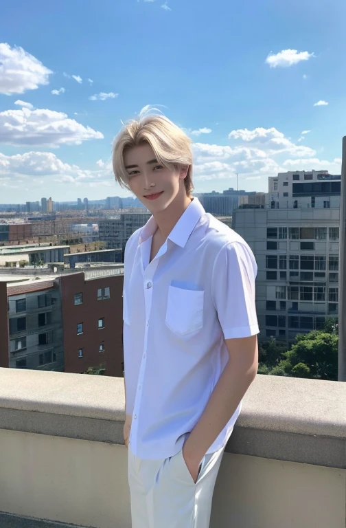 Formal Art, masterpiece, Sharp focus, (Beautiful and gorgeous Korean handsome men:1.3), (nice handsome korean: 1.3), Korean Beauty, Delicate and beautiful hair, eyes and face, Genuine, Special details, Handsome young man, blue sky, fluorescent white particles, (Side light: 1.2), sunlight, White cloud, Cloud details, thin, (Smile with your eyes, Open both eyes)), scenery, short hair, Sexy look, building, (city:1.7), Dynamic Hair, platinum hair profile, Sparkling blue eyes (White school shirt + School pants), White long socks, Pale skin, epic scenery, Man wearing a suit and tie standing with his hands in his pockets, A well-known face, Armband, Upper Body, he is an 18 year old male, Short sleeve, Looking at the audience,