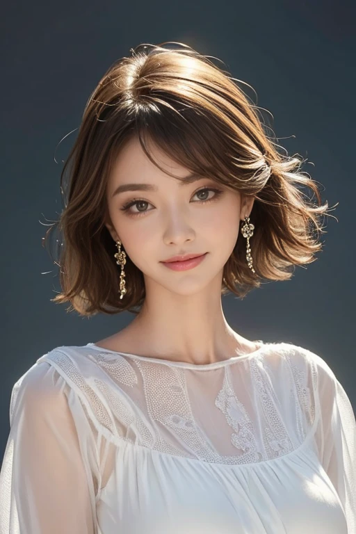 highest quality, Very detailed, masterpiece, 1 person,woman,(((完璧なwomanの体))),Very beautiful face, Very beautiful body,Gentle expression, Very beautiful eyes,(Perfect Makeup:1.1),Fashion Model,,Short Bob,Curly Hair,Shaggy Hair,Candy-colored hair:1.3, Very thin body,Smart Abs, Chiffon blouse,A kind smile,Upper body portrait,(White background), (Shiny skin),(Earrings),