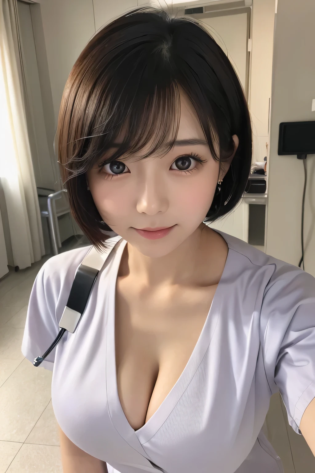 (1 Girl)、(Beautiful Japanese、18years old,round face、Refreshing、clear、seems kind、stylish、Pitiful、cute like an angel、cute、black eyes、,actress,Almond-shaped eyes), Good style , (Beautiful big breasts:1.2),(soft breasts),(very cute),(Black hair),(short bob hair),(enchanting eyes),(highlight on eyes:1.2)、(8K、Live shooting、highest quality、masterpiece:1.2、optimal lighting)、((masterpiece)),(Photo taken by a professional photographer),(real、photo real:1.4),break,{ (White nurse costume),(((taraditional nurse uniform))),,{(White nurse tight pants)},(cleavage:1.2)},( Excited face),(tears:1.4))(cheeks are red:1.2), break, break,Hospital,Face shot:1.3、Hospital room、Looking at viewer:1.6, face close-up,Looking up