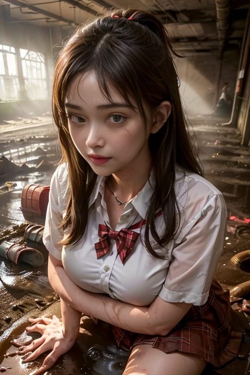 school girl big breast , red knot , red bow , white Shirt , skirt dark red , plaid skirt , pleated skirt , realisitic、top-quality、crisp photos、((Brick underground tunnel、Foul-smelling sewer、Littered with filth、Sewage channels full of feces、a lot of garbage and junk、The dirtiest sewer))、Bricks are covered with moss、((beautiful a girl、Constricted waist、Neat face、Most beautiful face、Elaborate face、dense dirty brown hair、Refreshing look、Pleasant look、Happy expression、Joy covered in filth、Glad to get dirty))、(school girl uniform、Tangier、brawn hair)、((long and beautiful legs are dirty、Lying face down on filth、Girl with beautiful ass、Scoop out filth with both hands、Beautiful girl's hair is covered in mud、The joy of lying in dirty sewage))、(((I want to smear filth all over my body.、A large amount of sewage flows down the head、The whole body is full of filth、Stick out your buttocks and open your legs、a large amount of dirty garbage and waste,,、Heaps of garbage))