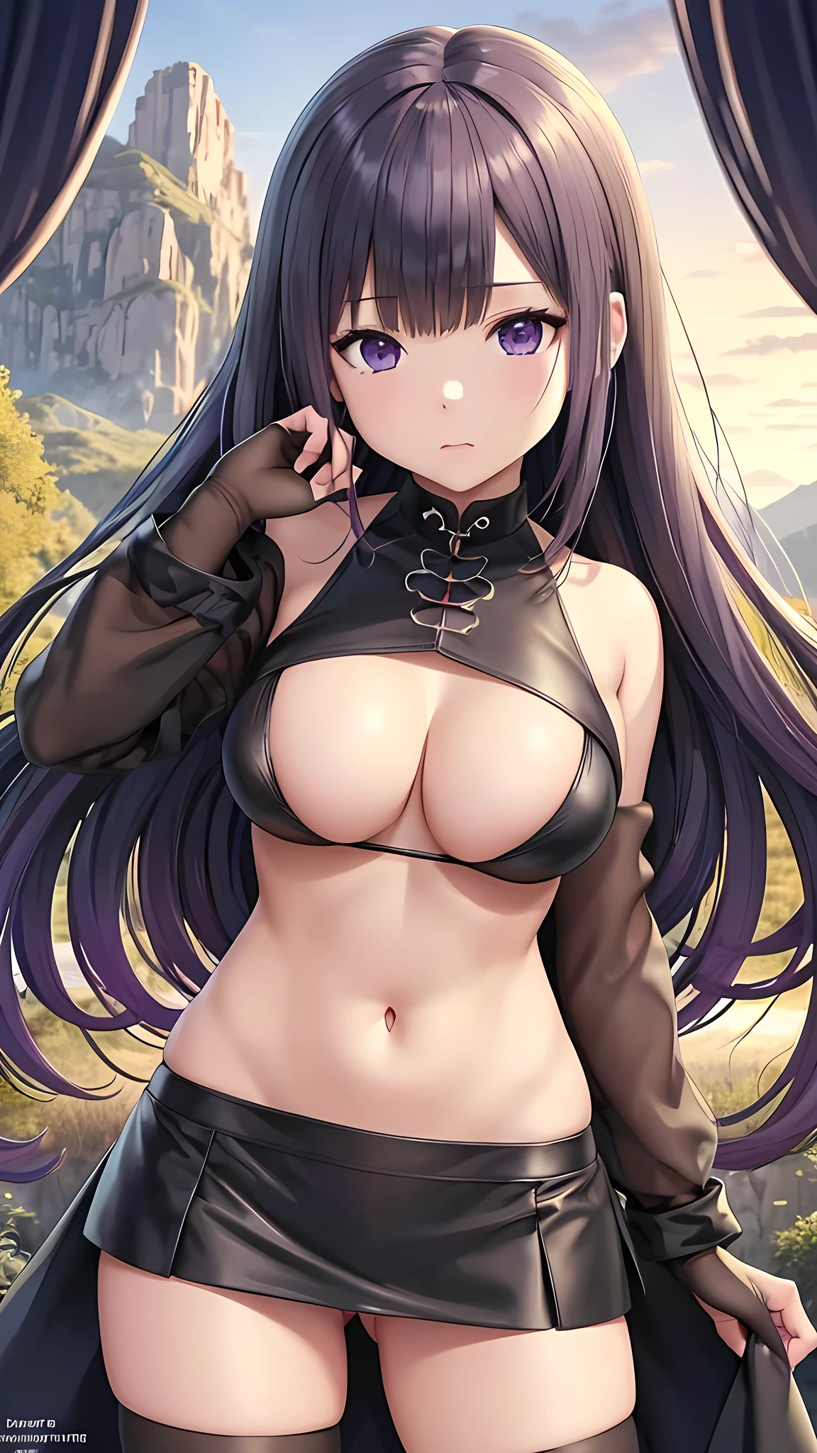 Super High Resolution Super Quality、anime、Zoom in Enlarge 、anger、Very angry face、Fantasy、Magic Thunder、bikini、Magic Taoist、High quality texture of black clothing, realistic texture, luxurious adventurer clothing, sparkling jewels, silver decoration, platinum, brown leather gloves, black skirt showing thighs, naked pussy, lower body, beautiful girl has a nice body, purple hair, highlights in eyes, navy purple eyes, upper body, snap, blue sky, distant mountain range, grassland with no buildings, purple bob hair, flower shape into eyes, white underwear