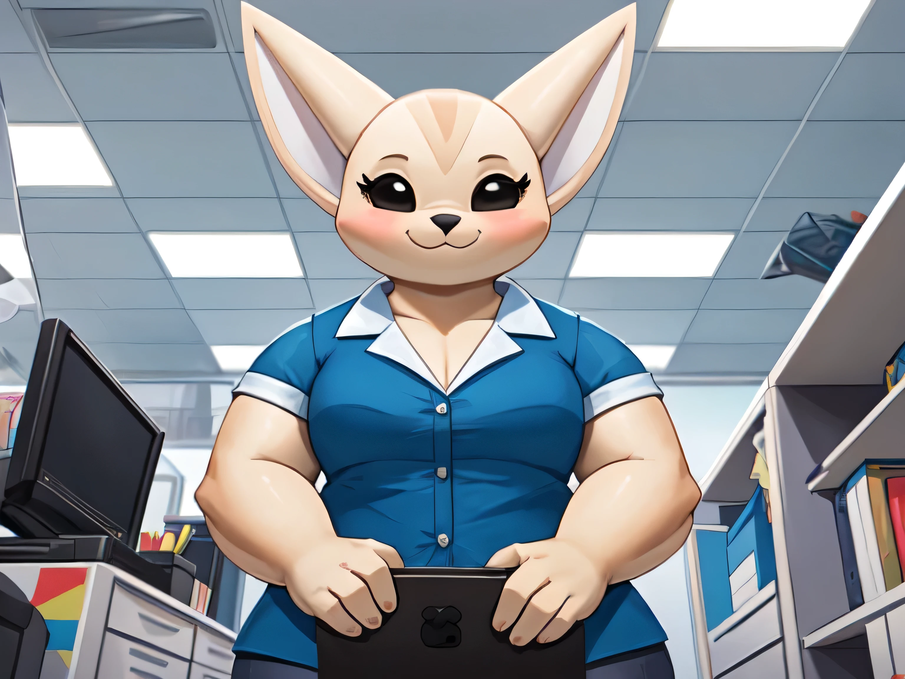 (melhor qualidade, obra de arte:1), Fenneko hairy female den, colete azul, camisa branca, saia azul, seios grandes, Olhando para o telespectador, cauda de raposa, front angle view, pov, olhando para o espectador, sorriso, boca fechada, sorriso pretensioso, sedutor, olhos semicerrados, (office ceiling background:1.0), estilo pixar, gordinha, pernas gordas, bunda grande, gorduras laterais, muito obesa, 100kg weight, immobile