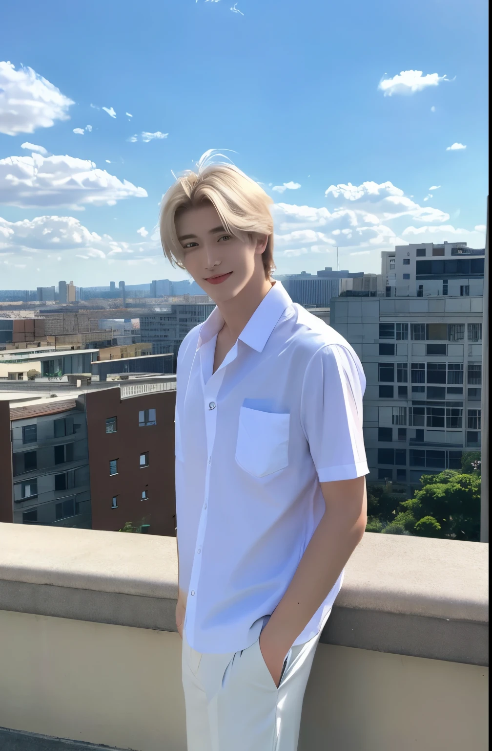 Formal Art, masterpiece, Sharp focus, (Beautiful and gorgeous Korean handsome men:1.3), (nice handsome korean: 1.3), Korean Beauty, Delicate and beautiful hair, eyes and face, Genuine, Special details, Handsome young man, blue sky, fluorescent white particles, (Side light: 1.2), sunlight, White cloud, Cloud details, thin, (Smile with your eyes, Open both eyes)), scenery, short hair, Sexy look, building, (city:1.7), Dynamic Hair, platinum hair profile, Sparkling blue eyes (White school shirt + School pants), White long socks, Pale skin, epic scenery, Man wearing a suit and tie standing with his hands in his pockets, A well-known face, Armband, Upper Body, he is an 18 year old male, Short sleeve, Looking at the audience,