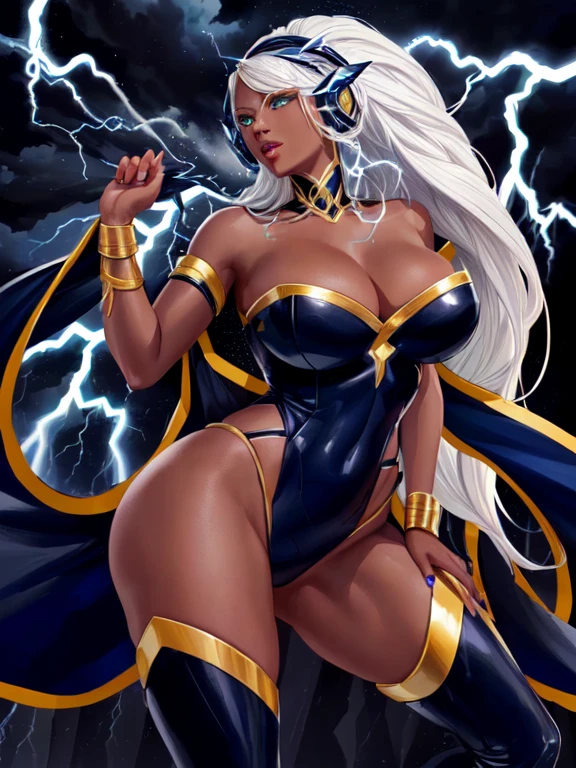 4k, a drawing of a woman in a black and yellow outfit, storm!, x-men storm, goddess of lightning, storm egyptian god, splashes of lightning behind her, portrait of ororo munroe, the princess of power, storm, storm arriving, stylized storm, queen of ice and storm, she is attracting lightning, powerful pose, storm outside, wonderful expression