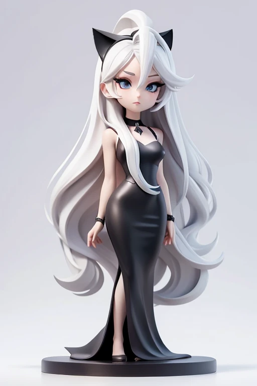 straight hair,whole body,black dress,platinum hair,white background,long hair.simple background,solo,1 girl,Cat ear,body in front,face forward.bronze statue,statue of liberty.queen consort