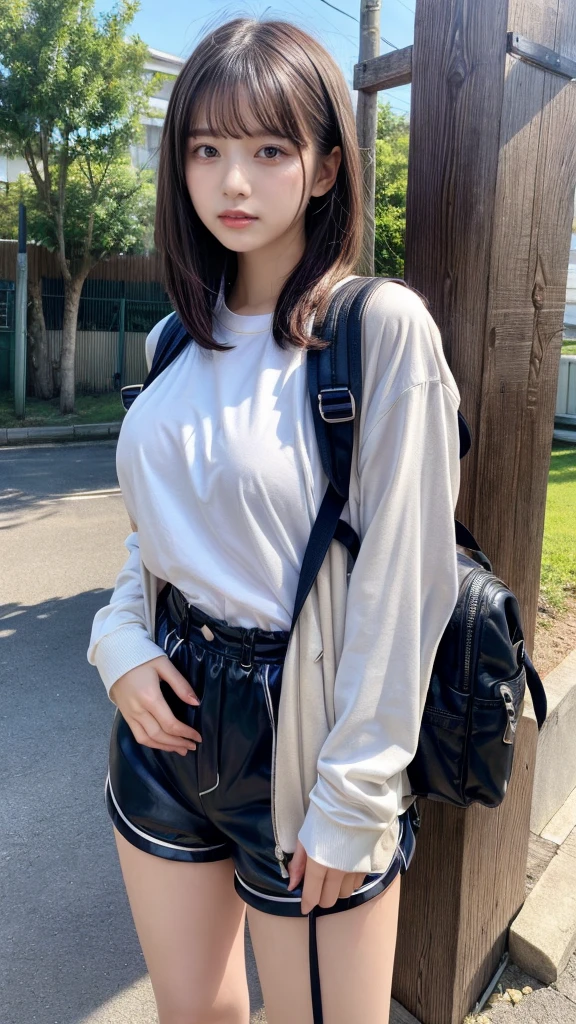 muste piece, best quality, illustration, Super detailed, fine details, High resolution, 8K,wall paper, perfect dynamic composition,(Details High quality, realistic depiction of eyes:1.3), oversized sport shirt, shorts women, small backpack, short bob hair, black hair color, Big Natural Color Lip, sexy pose, crying a little、cold gaze, Harajuku style、20 year old girl、cute type、lolita, hposing Gravure Idol, full body photo、focus on crotch, huge breasts