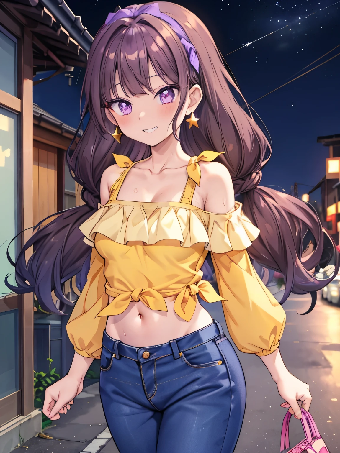 Amanogawa Kist, One girl, alone, Purple hair band, Brown Hair、Star earrings, Yellow Shirt,  Off the shoulder、
Small denim hot pants、  View your viewers, Cowboy Shot, Are standing, 
street、night、
Thighs、Big Breasts、 belly button、Groin、Purple Eyes、Sweat、Fever、Estrus、
blush、Grin、Raise your arms、