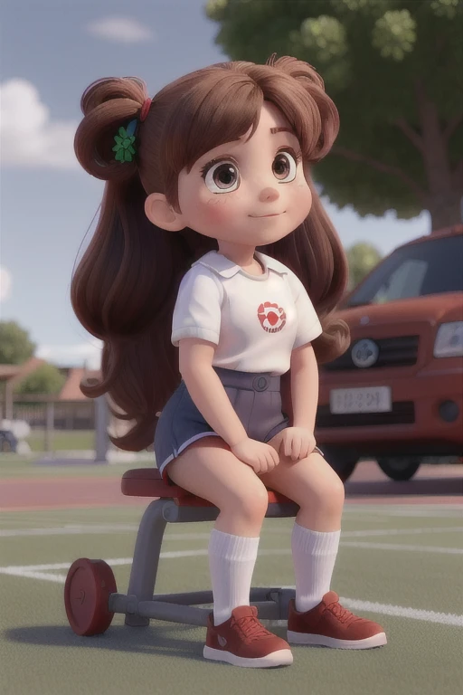 absurdres,hires,ultra detailed, a girl reddish-brown twintails, wearing a gym uniform(white shirt, navy blue bottom), wrist band, socks, sitting on turf, sunshine, summer,