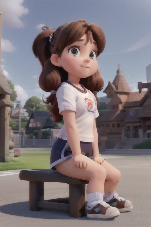 absurdres,hires,ultra detailed, a girl reddish-brown twintails, wearing a gym uniform(white shirt, navy blue bottom), wrist band, socks, sitting on turf, sunshine, summer,