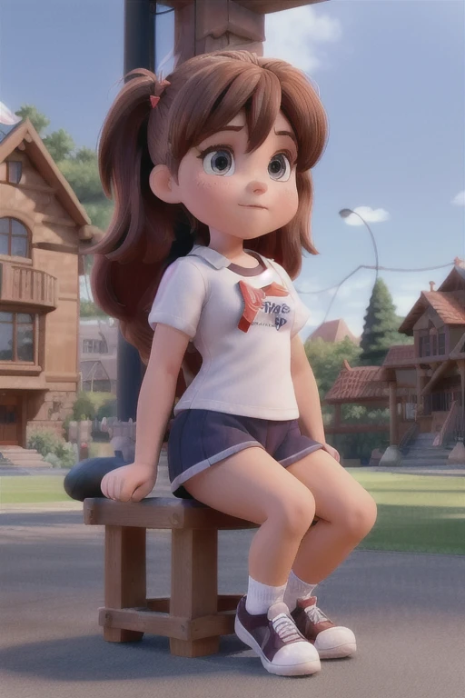 absurdres,hires,ultra detailed, a girl reddish-brown twintails, wearing a gym uniform(white shirt, navy blue bottom), wrist band, socks, sitting on turf, sunshine, summer,