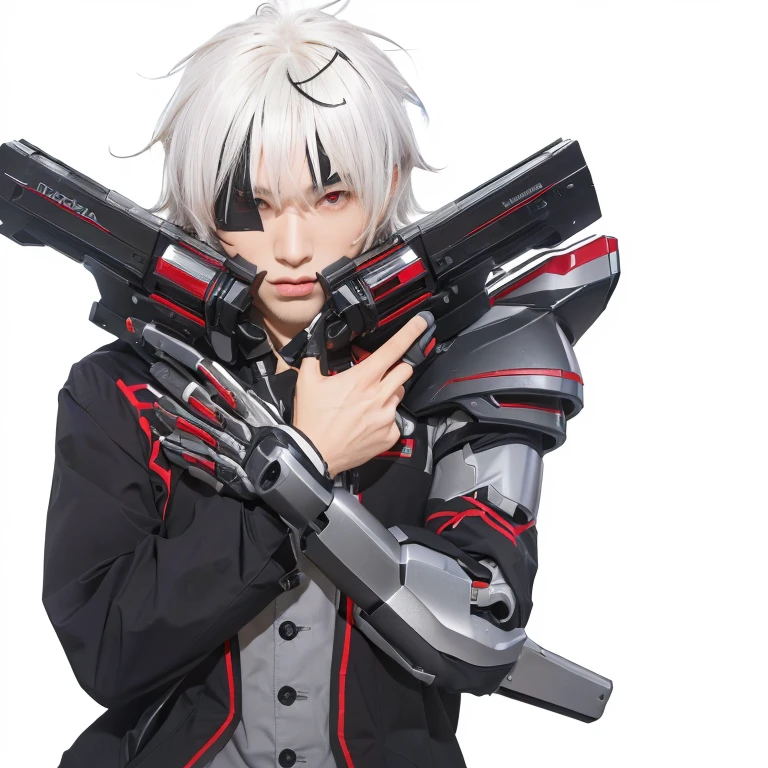 ((homem bonito)), ((rosto perfeito)) ((corpo perfeito)), ((ultra detalhado)), um garoto de cabelos brancos usando um tapa olho do lado esquerdo tendo um olho vermelho, segurando duas pistolas futuristas modificadas, with a robotic arm wearing black and red clothes, ((ultra realista)), ((nagumo hagime)), ((arifureta))