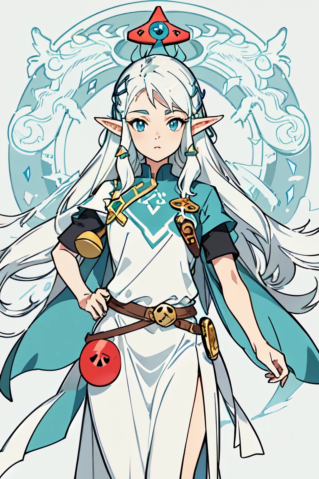 um retrato de Elfo, Fundo brilhante, ((1 garota)), Vestido preto elegante, Very detailed illustration of an a beautiful Extremely cute elf race face with ((cabelo
branco longo ondulado)), franja ondulada para os lados, rosto e olhos incrivelmente detalhados, perfect lips, ((corpo perfeito)),((((Brincos de argola pequenos dourados))) ((Medium chest)), (((Olhos malignos vermelhos)), fantasia, vetor de desenho animado, anime, manga, (cel-shaded) flat coloring, dramatic, cinematic lighting, Beautiful expression, Detalhe fino, fantasia art, illustration, obra de arte, arte digital, desenho, no estilo de Shigeru Miyamoto, (((estilo da roupa Ocarina of time))).