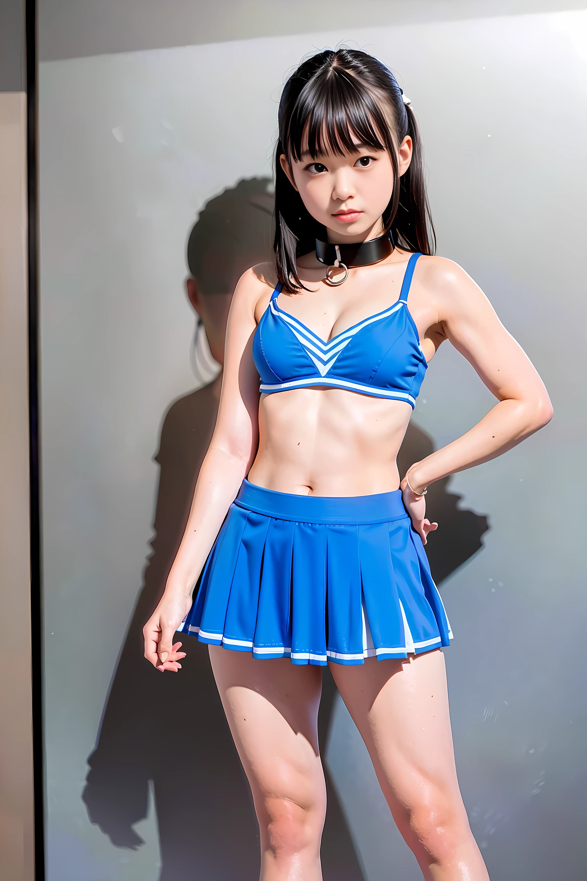 (8x_NMKD-Superscale_150000_G),(8K, Super high quality,highest quality),(masterpiece:1.5),(cowboy shot),one cheerleaders trained by master, , standing in correct posture, (Metal Collar), (Blue sports bra, navel bare, Blue panties and mini-skirt), Become the master's personal cheerleader and obey him faithfully