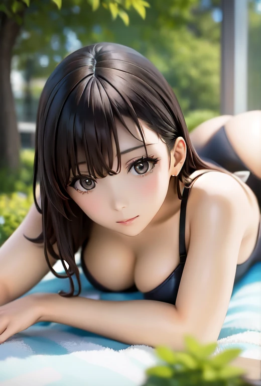 a close up of a woman laying on a bed with a black bra, young sensual gravure idol, sophisticated gravure idol, young pretty gravure idol, realistic young gravure idol, young gravure idol, Yoshitomo Nara, chiho, young skinny gravure idol, realistic sensual gravure idol