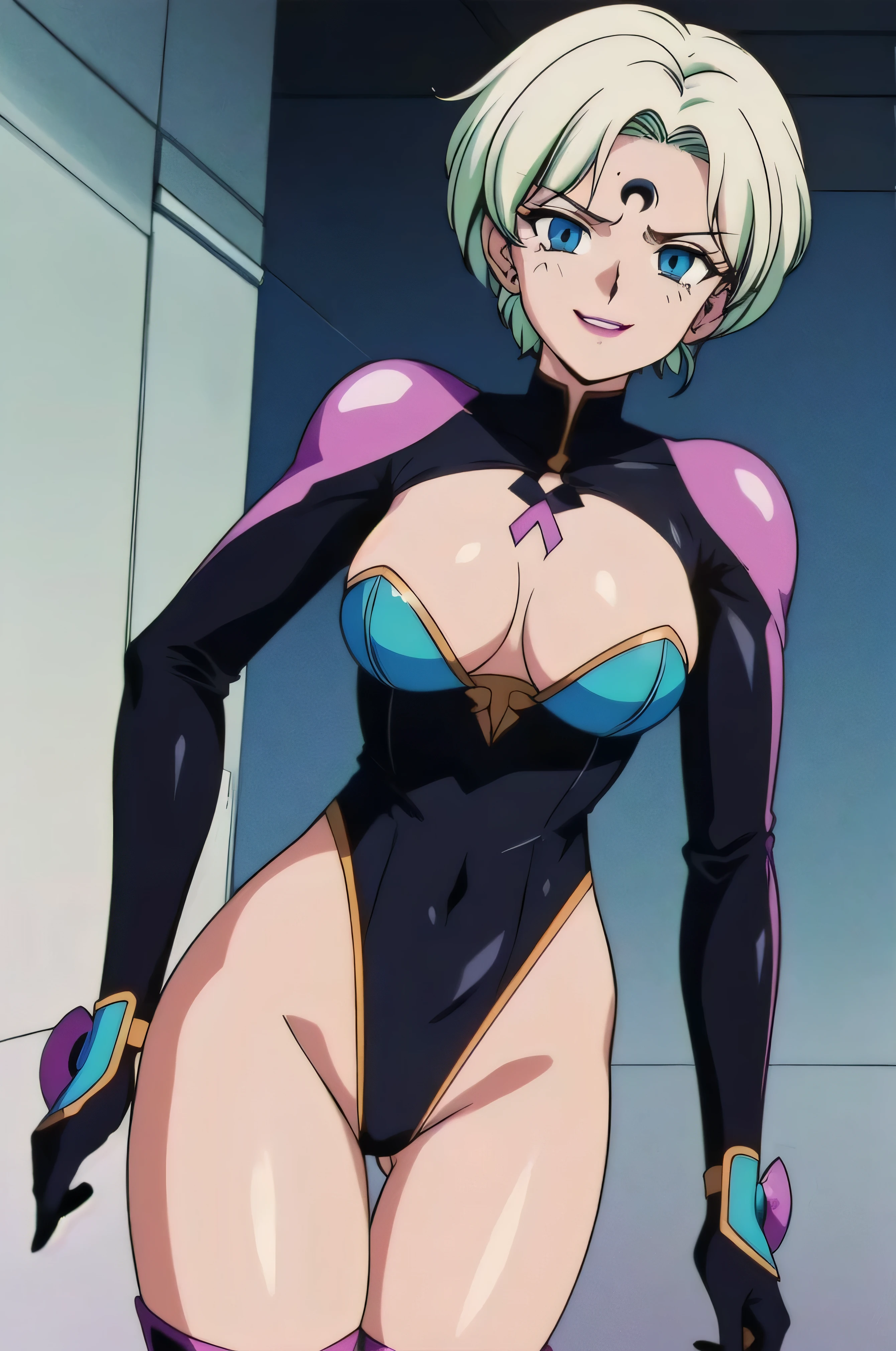 1girl, solo, facing viewer, looking at viewer,,evil smile, BERTIE,lightblue navel leotard,elbow gloves,thighhigh boots,Highly detailed CG Unity 8K wallpaper, perfect lightingofficial art,short pants,(beautiful_face:1.5),(narrow_waist),,Highly detailed CG Unity 8K wallpaper, perfect lighting, anime screencap, retro artstyle, anime coloring, traditional media,evil grin,lipstick,black and dark aura backgroud,sadistic,shaded face,black moon mark on forehead,